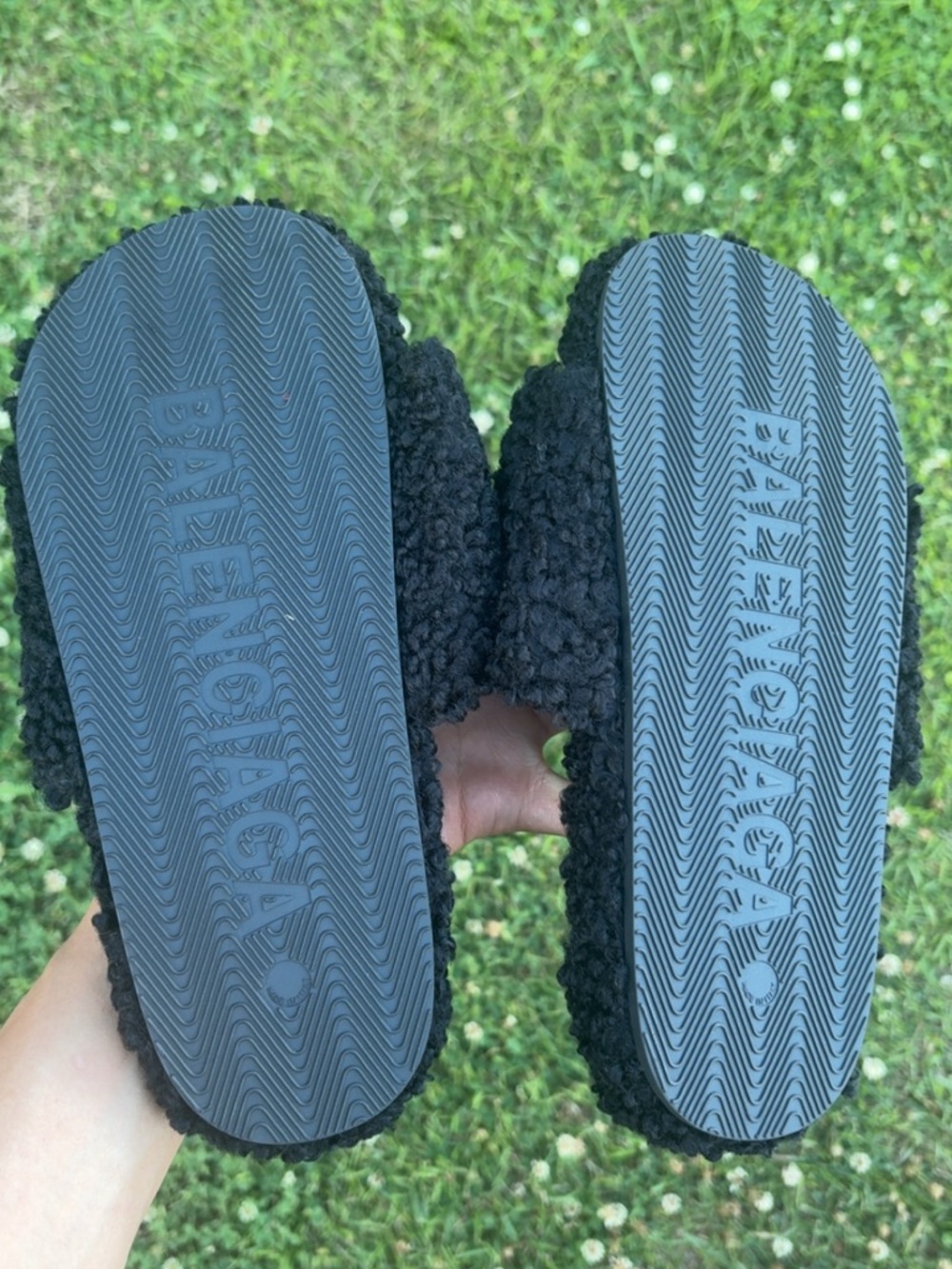 Balenciaga Black Teddy Shearling Slides with Red & White Stripe Logo - Picture 2 of 4